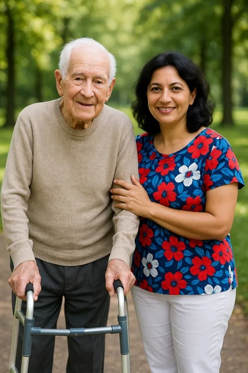 Betreuungskraft im Gespräch mit einer Seniorin im Garten