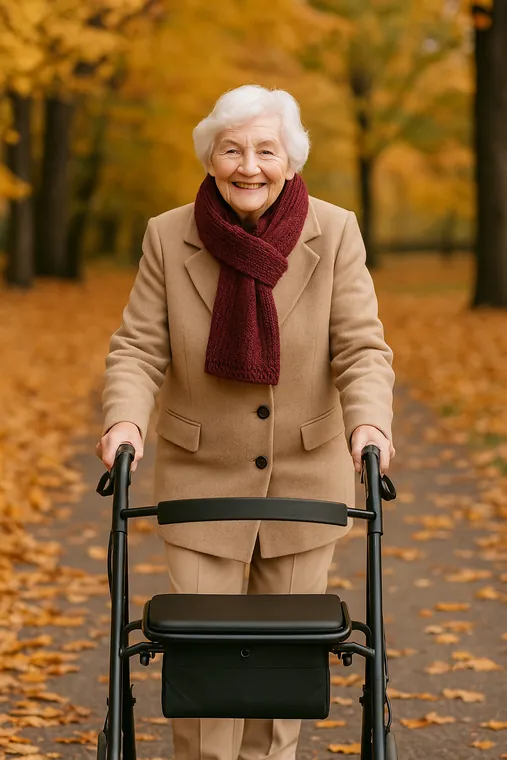 Betreuungskraft begleitet eine Seniorin mit Gehhilfe zu Hause